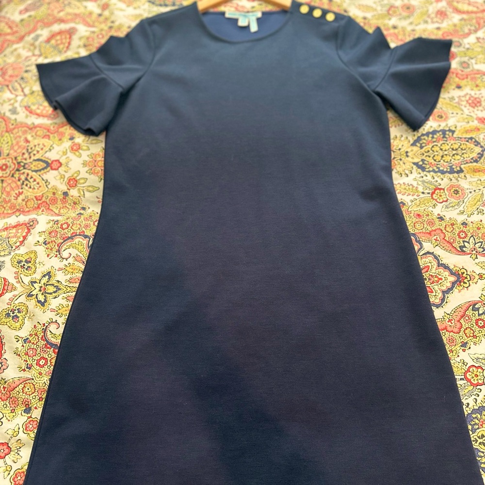 Draper James- navy, size small, blue shift dress with ruffle sleeves.